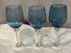Three (3) Blue Clear Stemmed 9 1/4” Wine Water Goblets Glasses