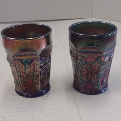 Iridescent Carnival Glass Blue Multicolor Embossed Tumbler Set of 2
