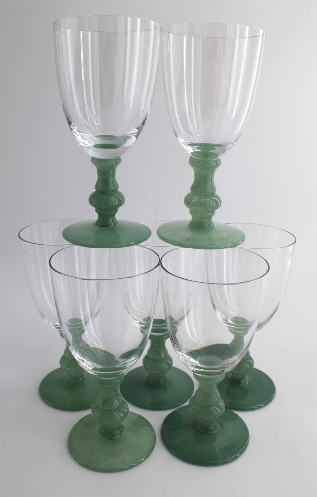Set of 7 Villeroy & Boch Isabelle Blown Glass Water Goblets in Jade Green
