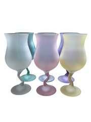 Postmodern Set x6 Libbey Z Stem Zig Zag 1980s Pastel Frosted Satin Wine Glasses