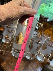 Vtg Mid Century Libbey Glasses Gold Oak Leaf Frosted Set of 8 with Metal Caddy