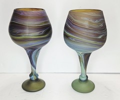 Pair 8″ Hand Blown Studio Art Glass Goblets Swirl Satin Finish Phoenician Style