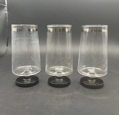 Cocktail Glasses High Ball Footed MCM Silver Ring Smoke Gray Base Set Of Three