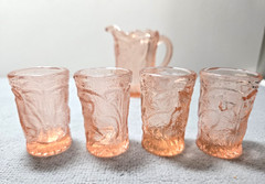 Vintage Summit Miniature Pitcher & 4 Tumblers Pink Glass Peacock Bird Child Set