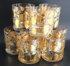 Set of 8 Georges Briard Double Old Fashioned Glasses, MCM, 22k Gold Leaf Design