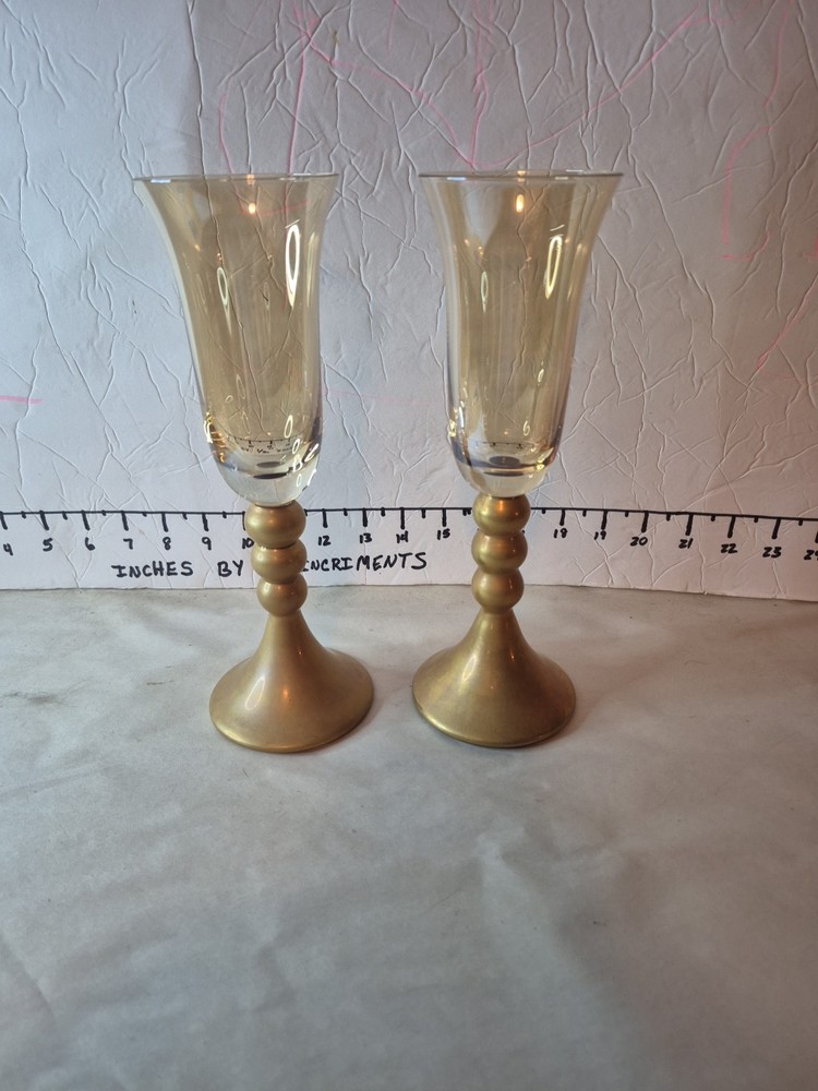 2 Bombay Co. Gold & Amber Champagne Flutes 10” Glasses Made in Poland EUC
