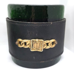 VTG Italy Green Glass LEATHER Bound COAT OF ARMS 1 Bookend 3 ROCKS GLASSES MCM