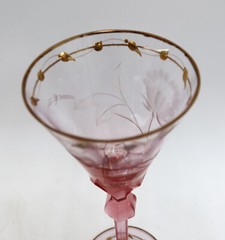 Moser Czech Cut Crystal Glass Water Goblet in Paula Cranberry Pink and Gilt
