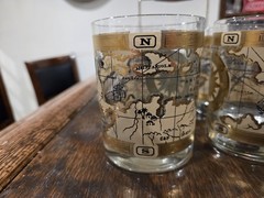 MCM Cera 12Pc WORLD MAP Double Old Fashioned Cocktail & Shot Glasses W/Caddy