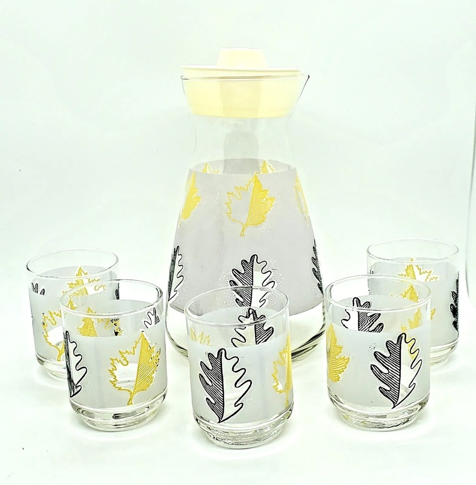 Vintage Libbey Yellow & Black Juice Decantor Set W/5 Glasses 1960s MCM