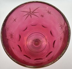 Bartlett Collins Etched Atomic Starburst Cranberry Red Thumbprint Glass Goblet