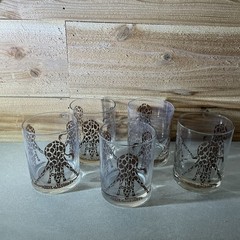 Morgan Signed 5 Double Old Fashion Whiskey Tumblers Etched Giraffe Motif