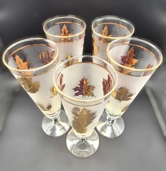 Libbey Golden Foliage Set Of 5 Champagne Pilsner Glasses 22K Gold Leaf MCM