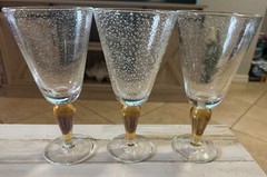 3 Hand Blown clear bubble glass water goblets with amber stem 8 3/8″