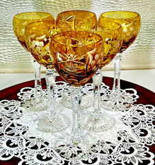 Cut to Clear Glass Crystal 8” Set of 6 Nachtmann Amber Yellow Hock Wine Glasses.