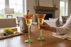 2 Rick Strini Signed Art Glass Tulip Goblets Iridescent Orange/Green 9.6 FREE SH