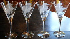 Vintage Set 4 FROSTED SWIRL CUT LEAF Crystal Water Goblets 8 1/8″ Midcentury Mod