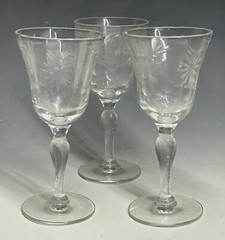 Lot of 3) Antique Paneled Etch Glass Cordial Sipping Glasses Victorian Edwardian