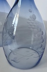 Vintage Handblown Blue Etched Wine Glasses (2) Grapes / Leaves 8 Inches