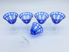 5 Blue Cut To Clear Hand Blown Crystal 4 Oz 4-5/8″ Flared Sherry Wine Glasses
