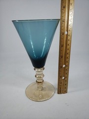 Vintage MCM Smoky Blue Glass Goblet Amber Stepped Ribbed Stem 2-Tone Wine Glass