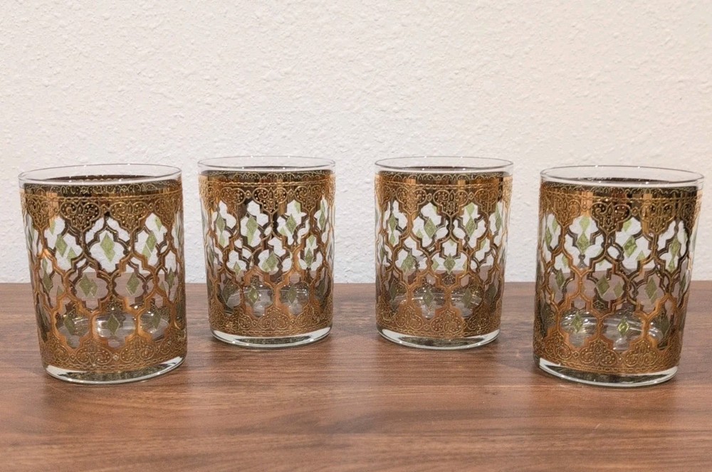 4- Vintage Culver Glass Valencia Double Old Fashioned Rocks Glasses 22k 4 1/8″