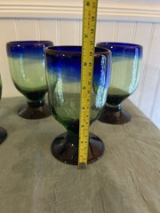 4 hand-blown glass goblets, Mexican. Vibrant green And Blue