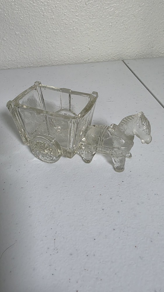 Vtg Donkey Horse and Cart Wagon Clear Glass Toothpick Holder Candy Nut Dish 50s