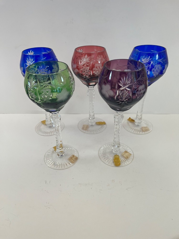 Set of 5 Imperlux Cut to Clear Wine Hock Glasses Cobalt Red Green Original Label