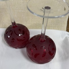 2 Coldwater Creek Red Etched Copa Balloon Wine Glasses Scroll & Leaf