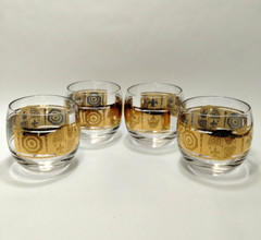 (4) VITO BARI GOLD ROLY POLY Cocktail Glass~CULVER Style Bar Glass~3″x3~22k Gold