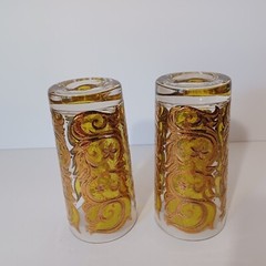 MCM Highball Glasses Gold Over Yellow Swirls Flowers On Clear Glass 5.5in Pair 2
