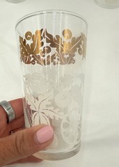 Set Of 6 Vintage Federal Glass Tumblers Gold & White Fruit Floral Design 5″ Tall