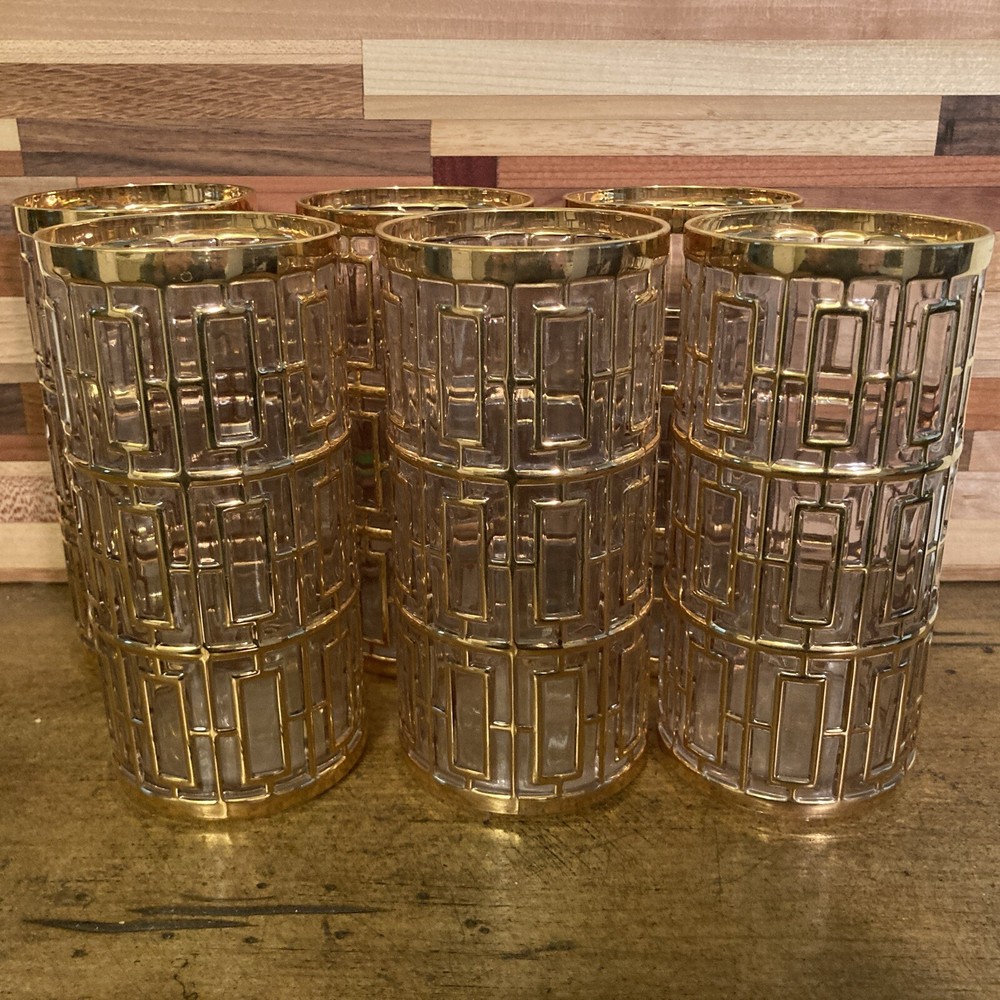 6 VTG Imperial Glasses Shoji Trellis 22K Gold Glass Tumbler Highball 5.75″ USA!