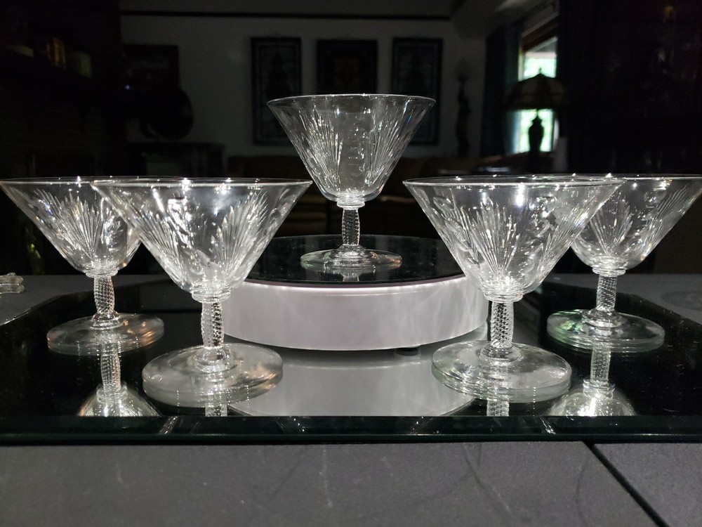 (5) Low sherbet Glasses, Signed Libbey c.1933 Nash American art deco «Reverie»