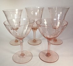Vintage Pink Depression Glass Stemware 5 Piece Mix &Match Wine Champagne Glasses