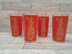 4 VTG Ribbed Culver Red Gold Siam Thai Goddess 5 Inch Tall Glass Tumblers 1960s