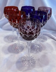 SET OF 6 AJKA ARABELLA MULTICOLORED CUT TO CLEAR STEMMED HOCK 8.25″ WINE GLASSES