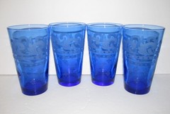 Set of 4 Vtg LIBBEY Flare Cobalt Blue Coolers Tumblers Fleur-de-lis Swan Scroll