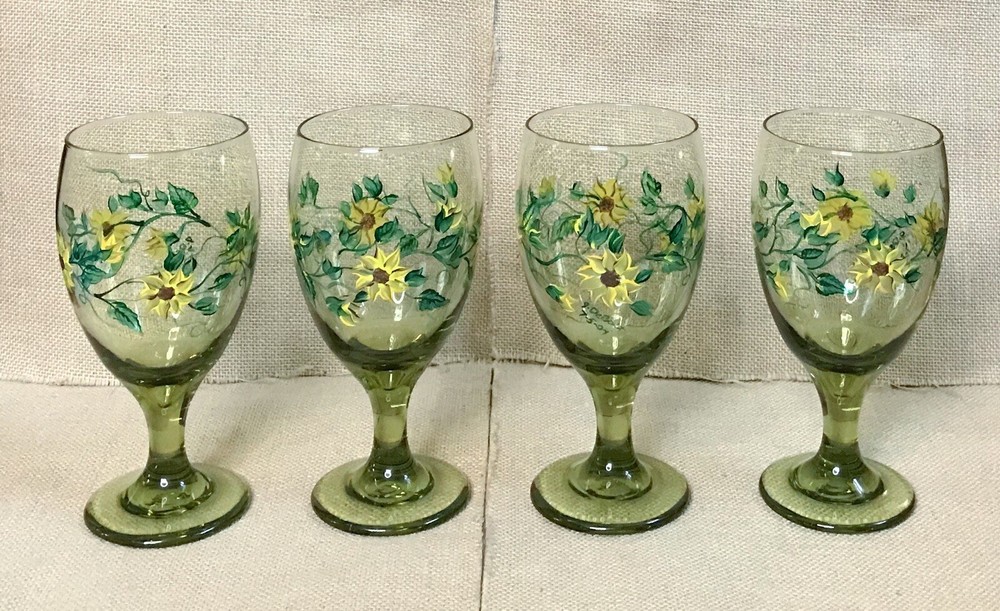 Hand Painted Sunflowers Glass Water Goblet Set Farmhouse Rustic Cottagecore