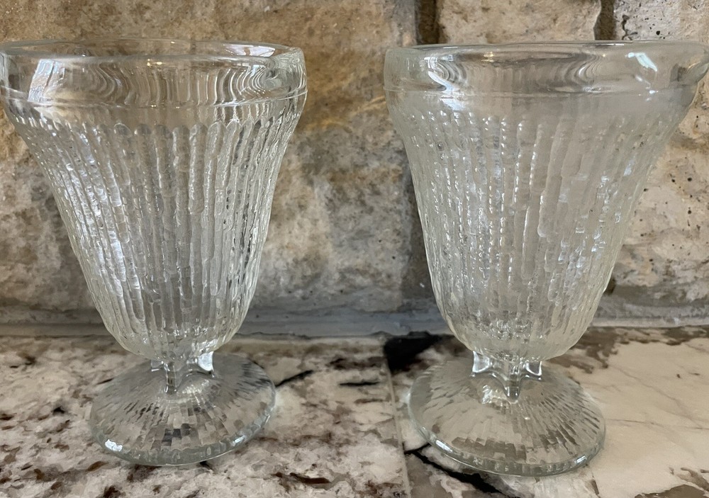 Lot of 2 Indiana Glass CRYSTAL ICE Bark Texture Footed Ice Cream Dishes Parfait