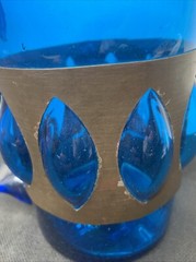 Large Felipe Derflinger Mexican Folk Art Blown Glass Cobalt Pitcher Caged MCM