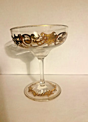 Vintage Gold Rim compote glass etched iridescent Rare RR