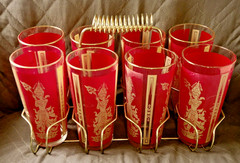Vintage Hollywood Regency Thai Princess 22k Highball Glasses with Brass Caddy