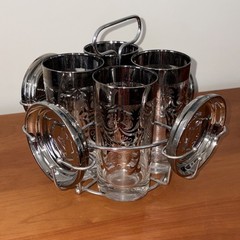 MCM Kimiko Coat Of Arms Barware Set W/ Tumblers/Caddy/Coasters. Silver & Chrome.