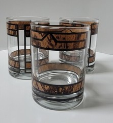 3 Georges Briard Brown and Tan Design Low Ball Old Fashioned Glasses Signed