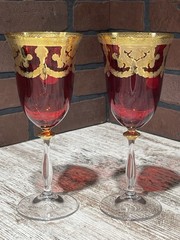 Art Decor Ruby Red Water Glass/Wine Goblet 24K Gold Made In Italy NEW Set Of 2