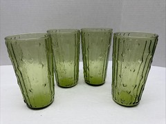 4 Vintage Anchor Hocking Tahiti Bamboo Avocado Green Drinking Glasses 6” Tall