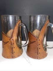 Vtg Libbey Bamco Western Longhorn Hand-Tooled Leather Beer Glasses Set 2