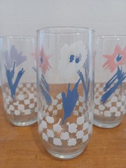 Vintage Anchor Hocking Glasses Tumblers Pastel Flowers Check Set Of 3 USA 1989